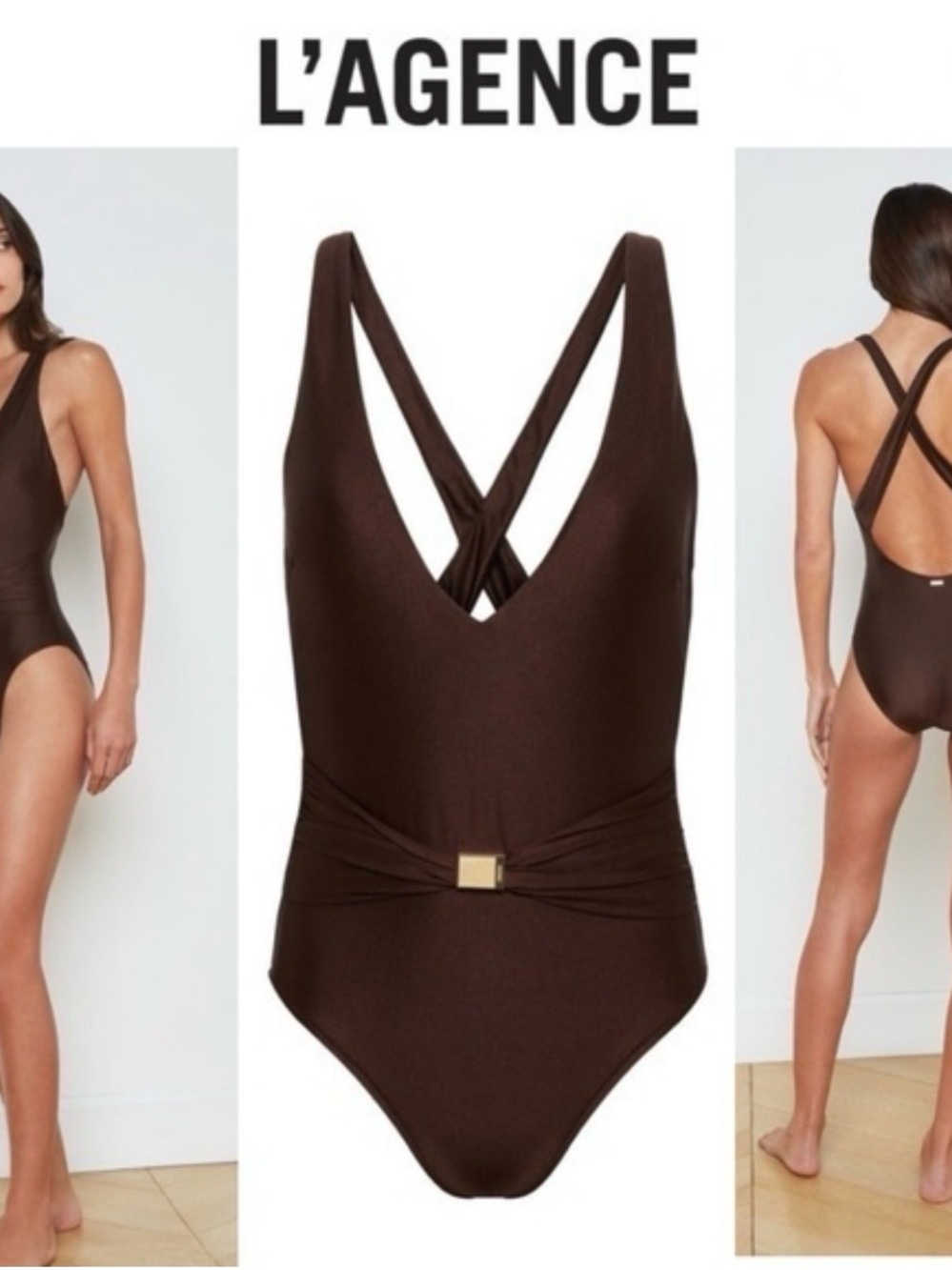 L’AGENCE Lisa Shimmer Plunge One-Piece Swimsuit - size S - chocolate brown